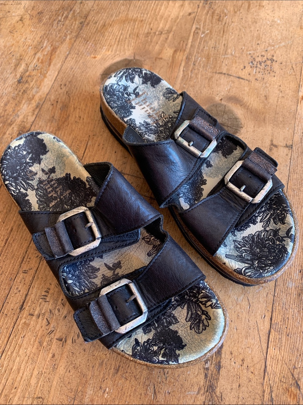 Think Black Double-Buckle Floral-Print Slide Sandals